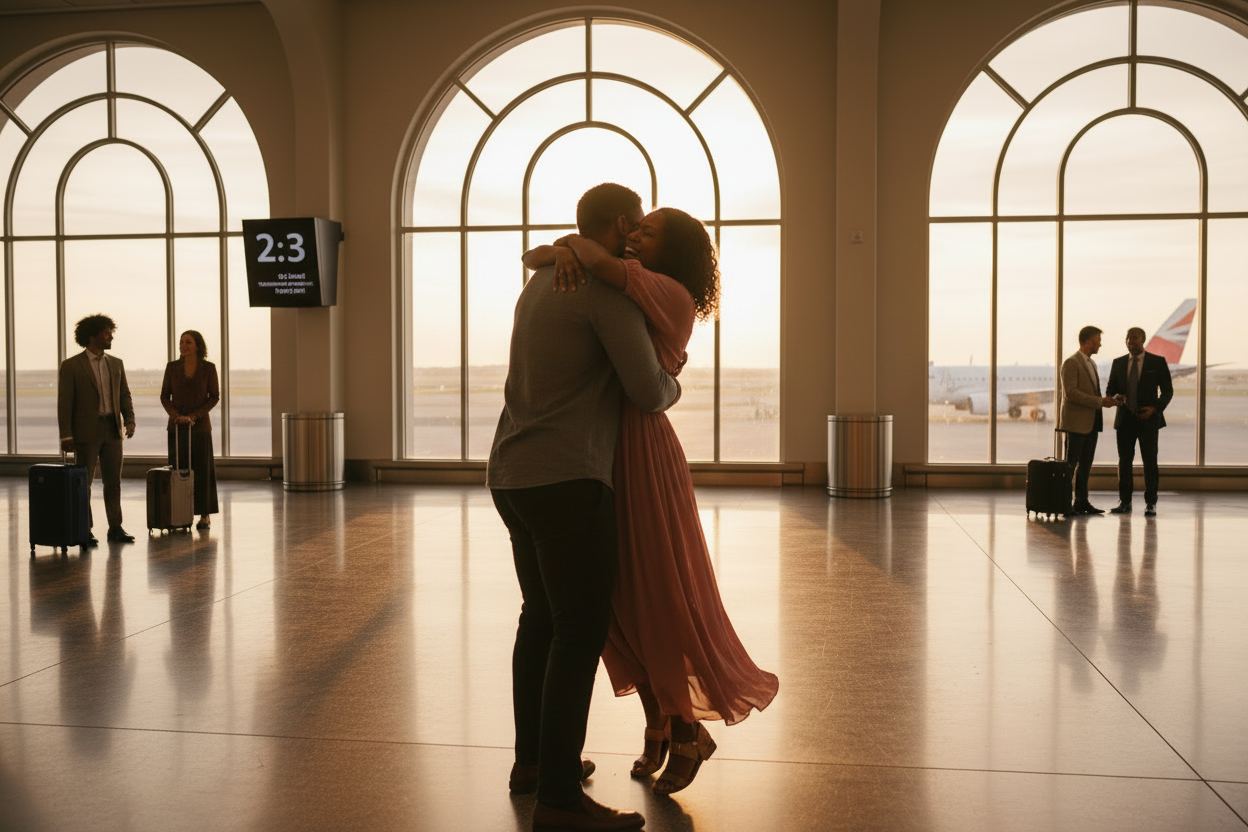 Couple reuniting on a train platform at golden hour